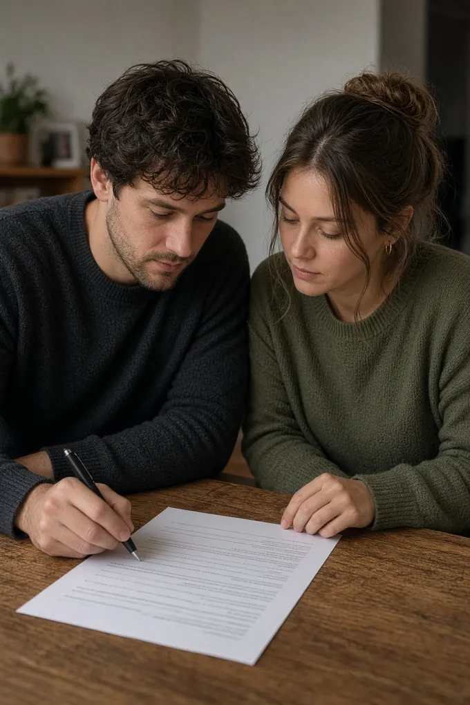 Couple reviewing and signing a lease at a wooden table