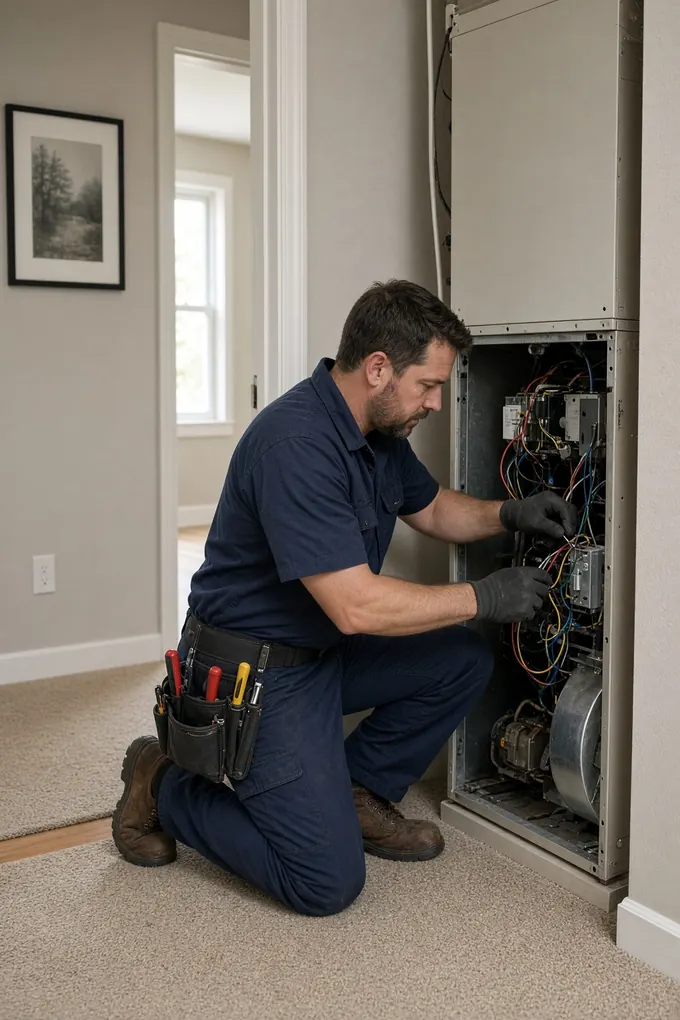 Technician repairing a home furnace