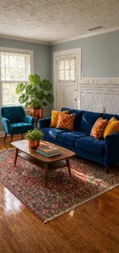 Living room with a blue sofa and a patterned rug