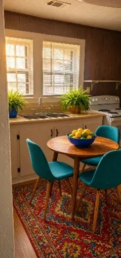 Kitchen with a round dining table and teal chairs