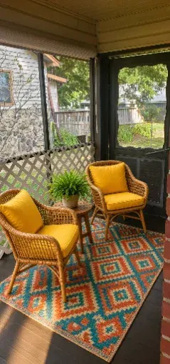 Screened porch with wicker chairs