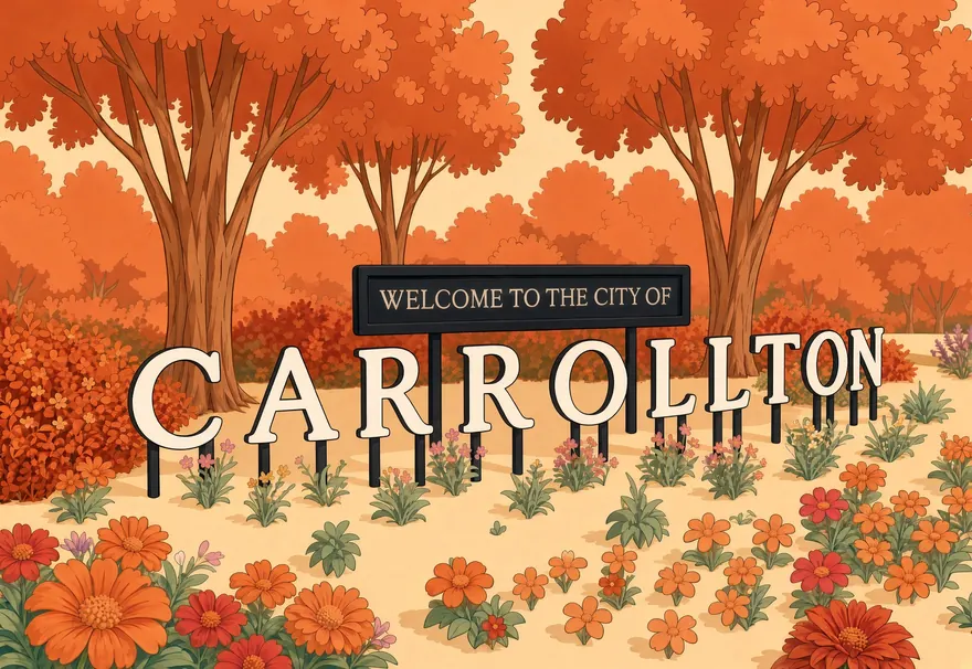Welcome to the City of Carrollton sign surrounded by autumn trees and flowers