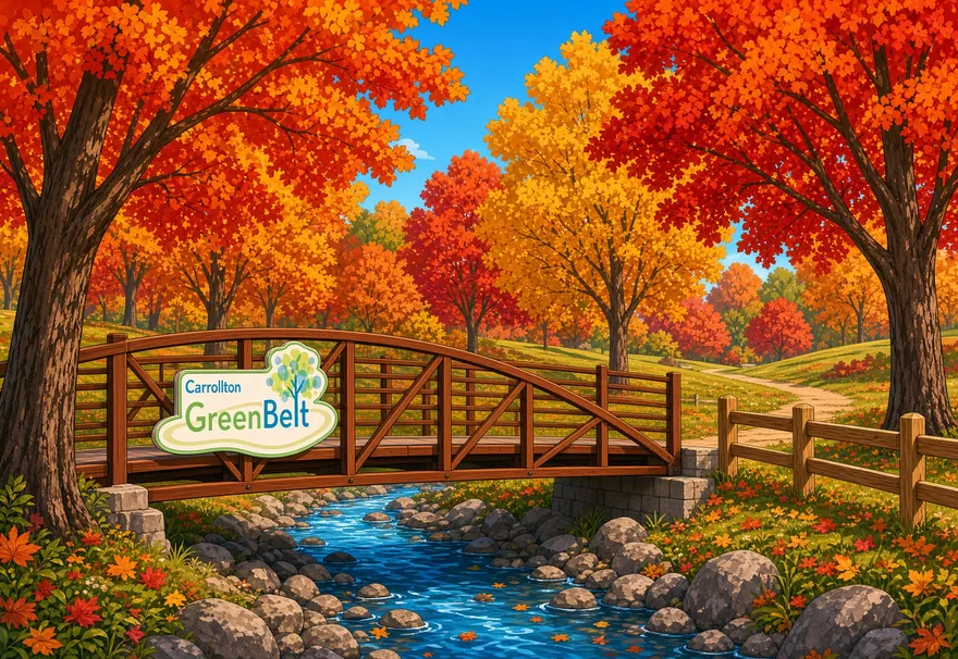 Carrollton GreenBelt footbridge over a creek in autumn