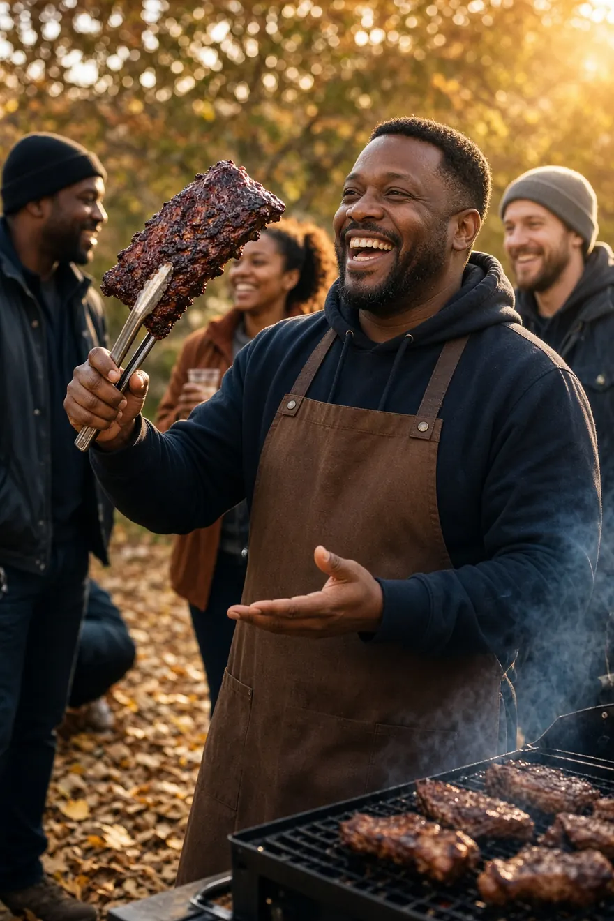Friends laughing around a backyard barbecue grill in the fall