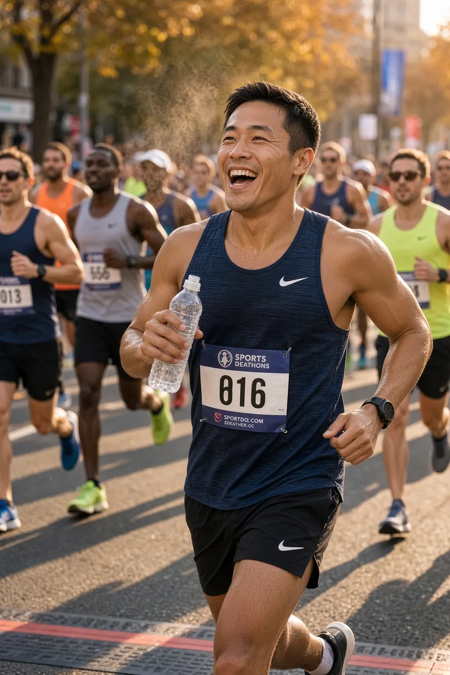 Smiling runner in a fall road race with a crowd of runners behind