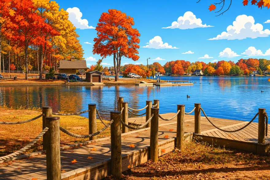 Lake dock and boardwalk with autumn trees