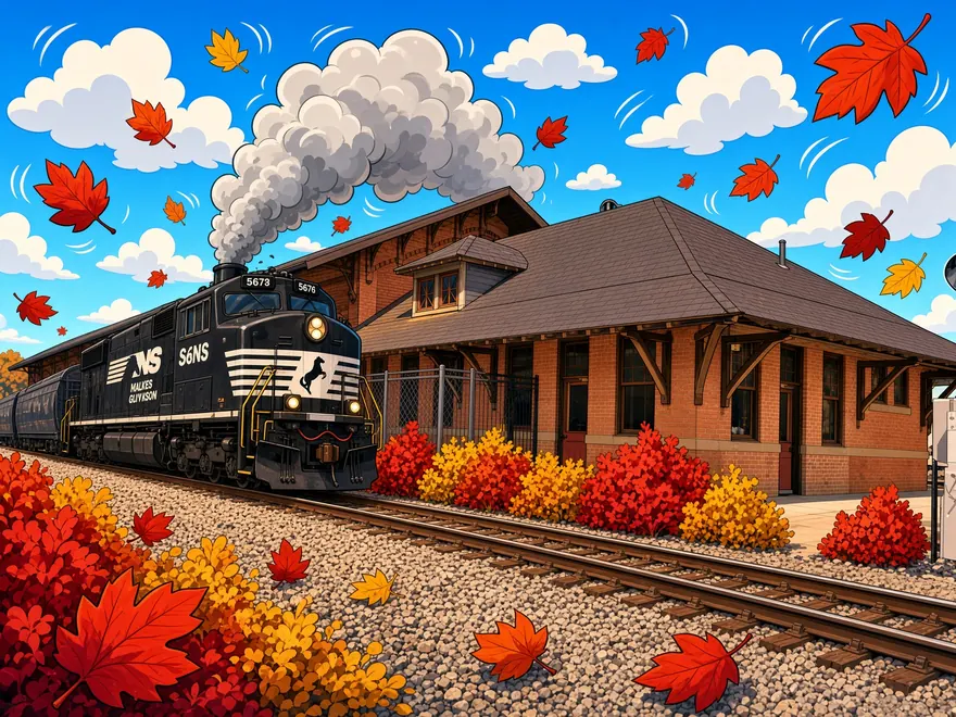 Train passing the historic brick depot with autumn leaves