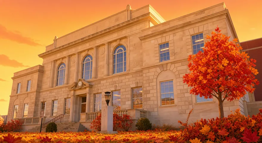 Stone courthouse at sunset with a red maple out front