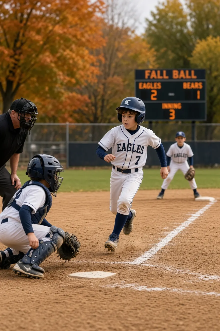 Youth baseball runner heading home at a fall game
