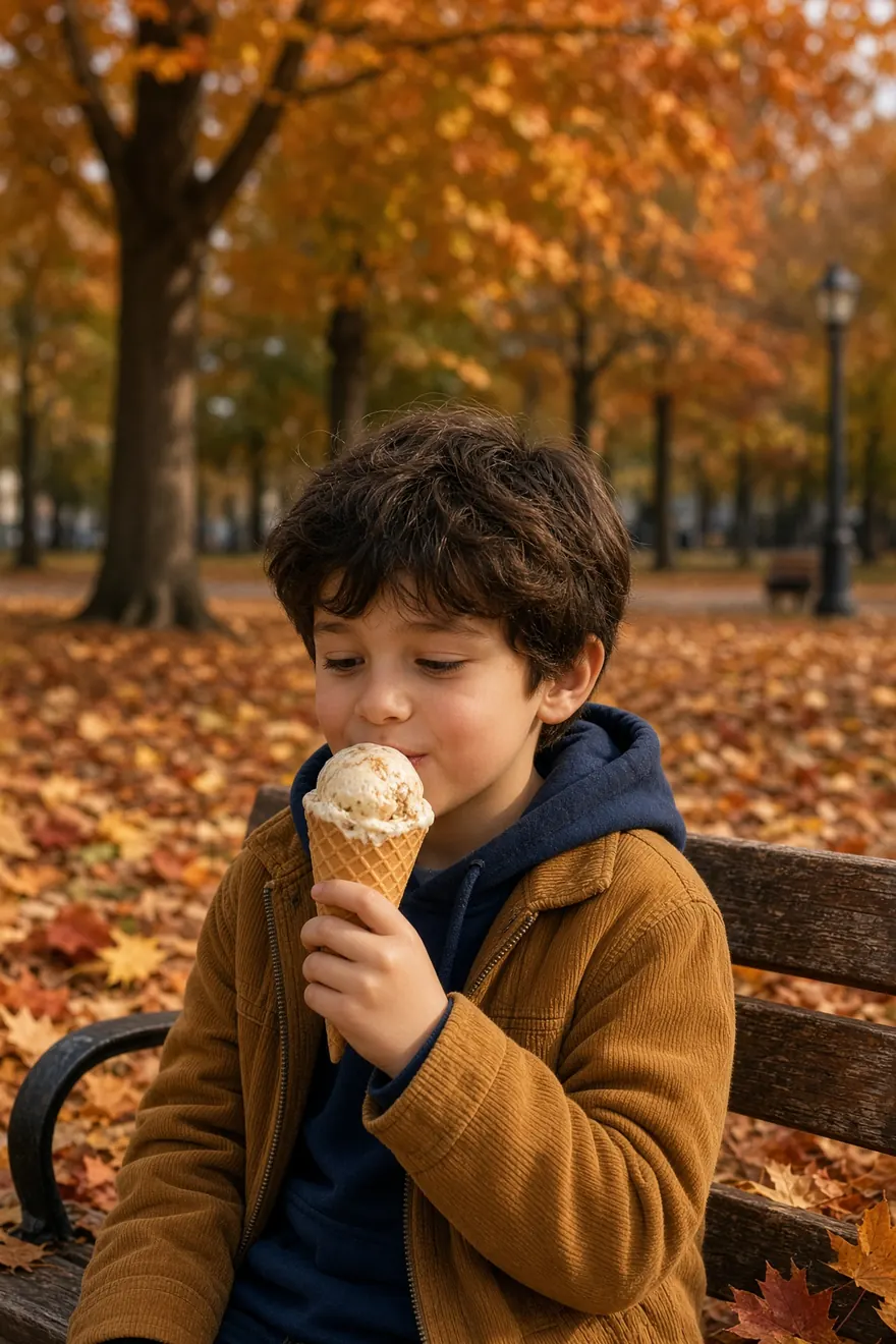 Boy eating an ice cream cone on a park bench among autumn leaves