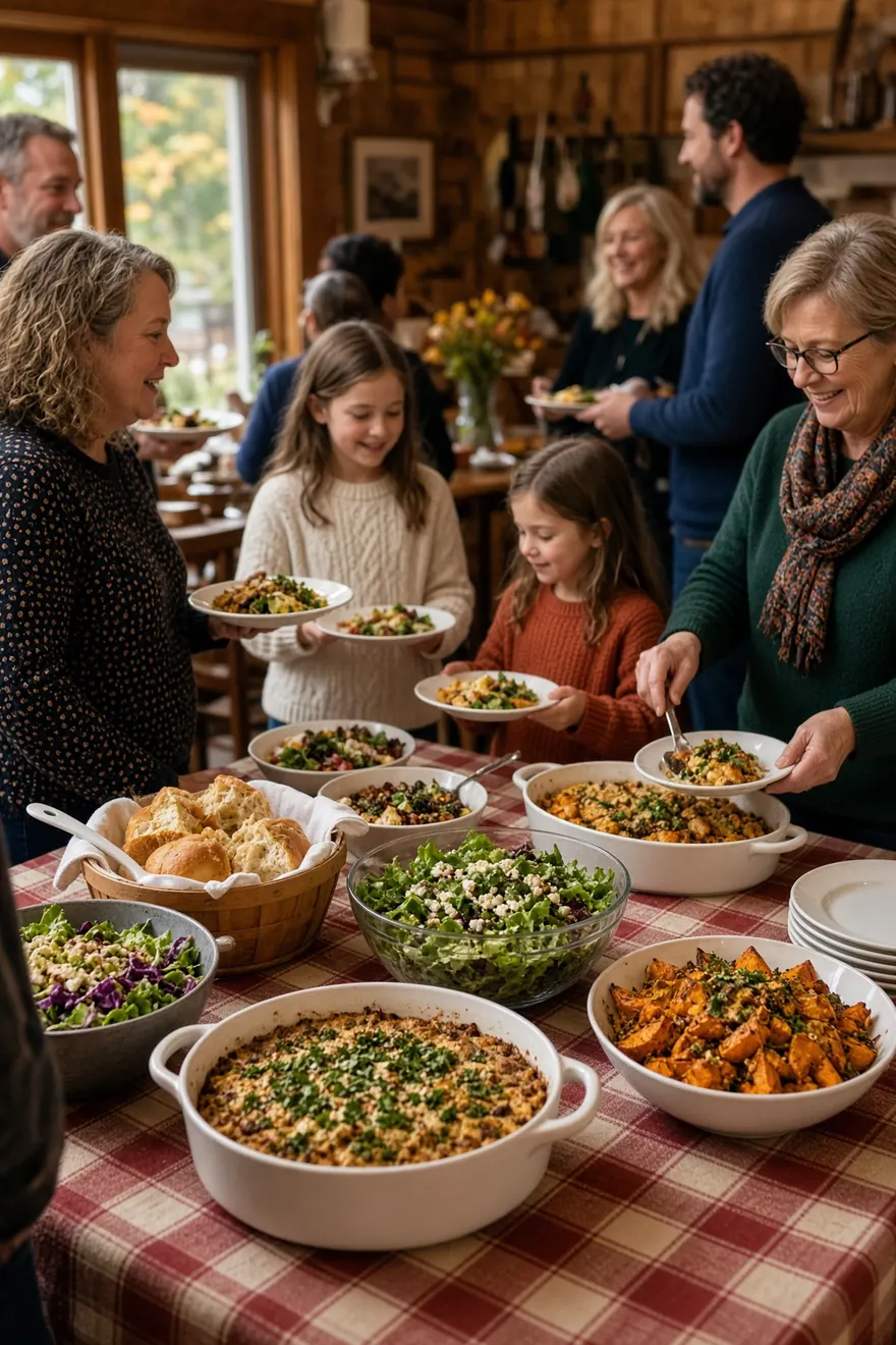 Neighbors sharing a fall potluck around a table of homemade dishes