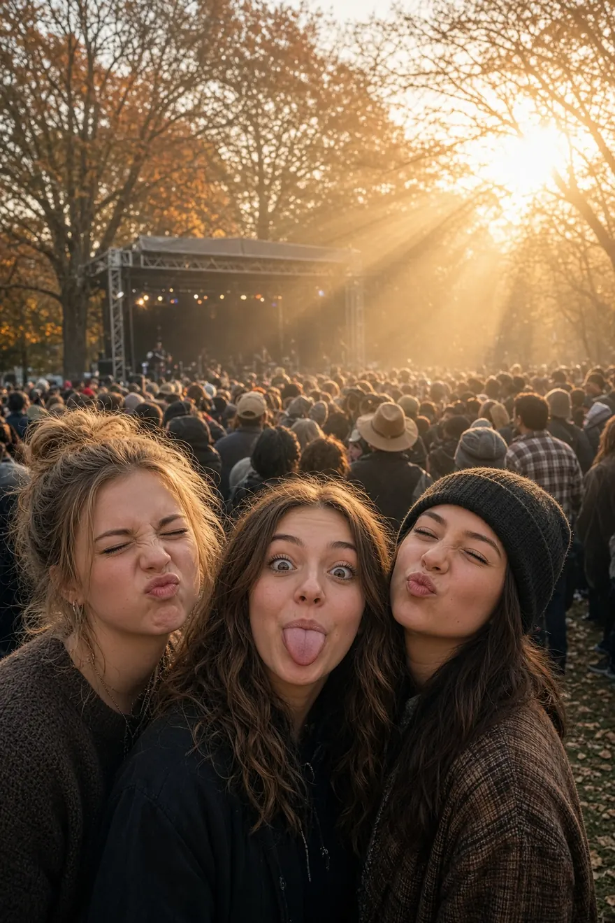 Friends making silly faces at an outdoor fall concert