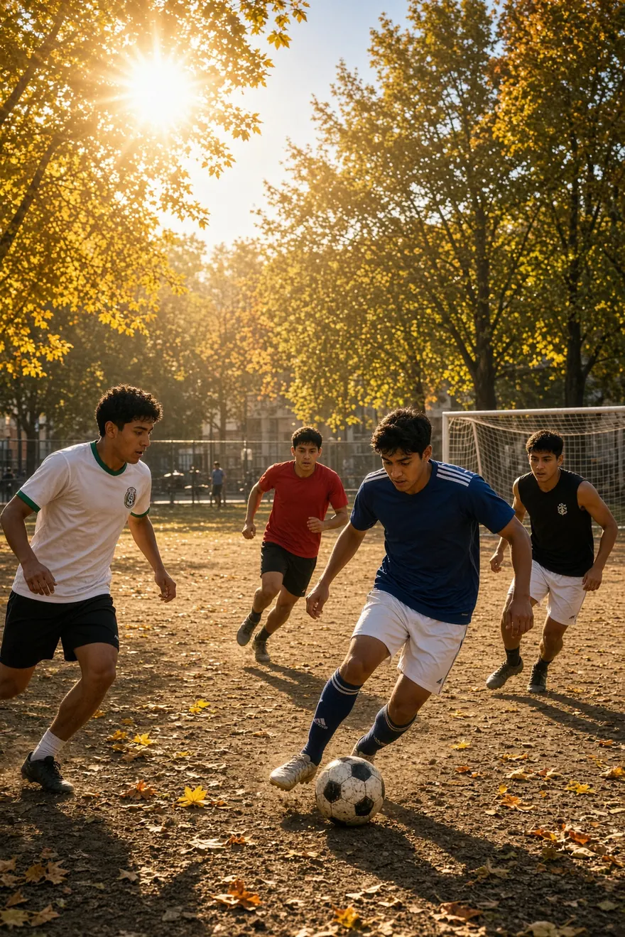 Friends playing a pickup soccer game in a park at golden hour